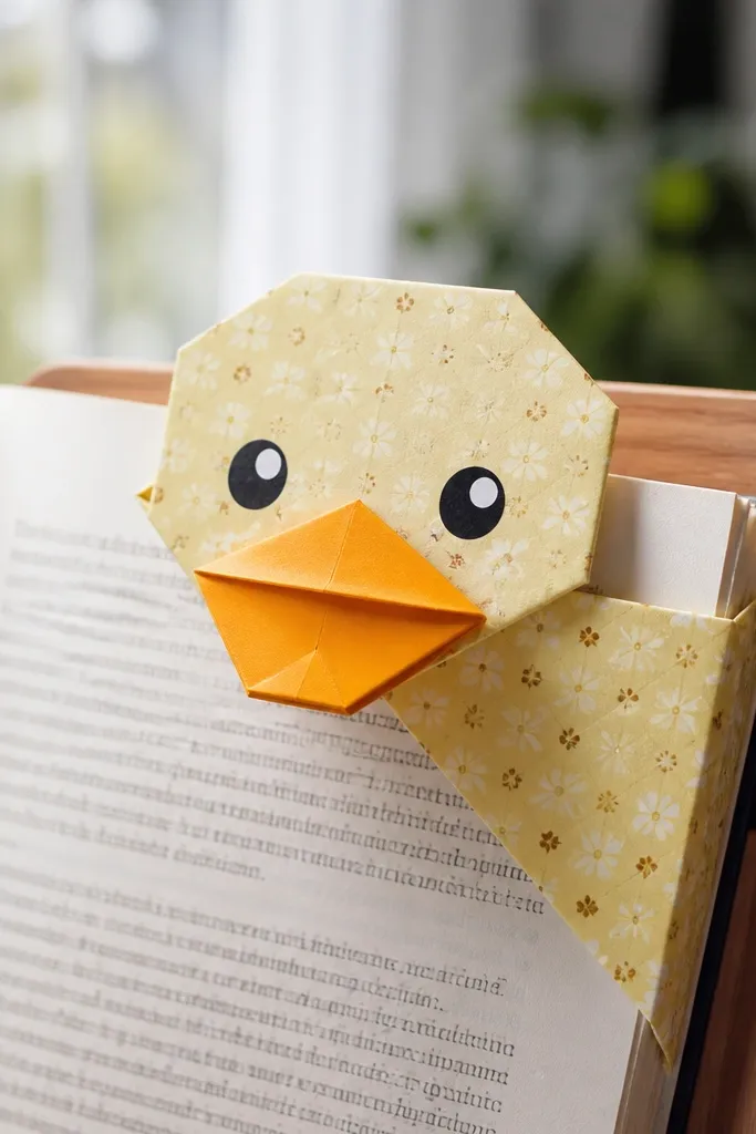 Duck-shaped bookmark with folded pocket holding a page corner