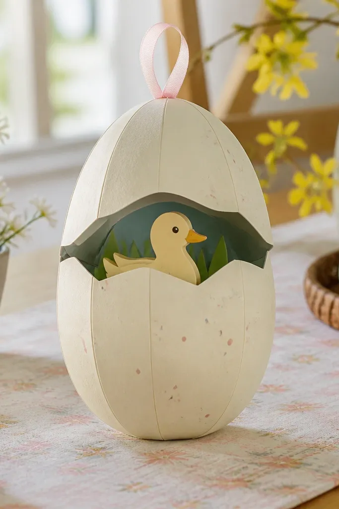 Paper egg container opened to reveal a tiny paper duck inside