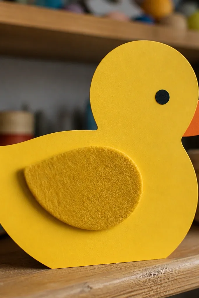 Duck made from paper with a felt-looking wing patch attached with glue