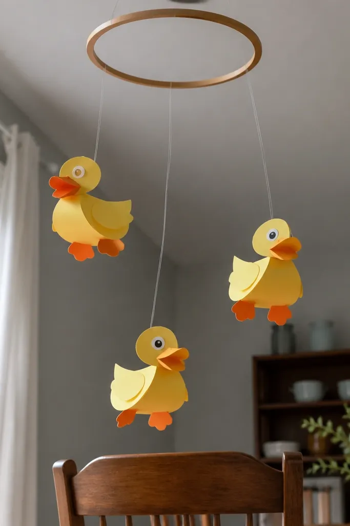 Three hanging paper ducks on strings from a small hoop