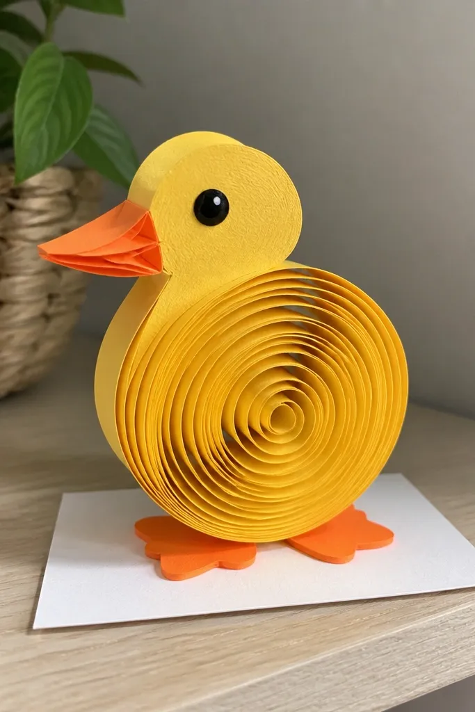 3D spiral paper duck with curled body and simple beak