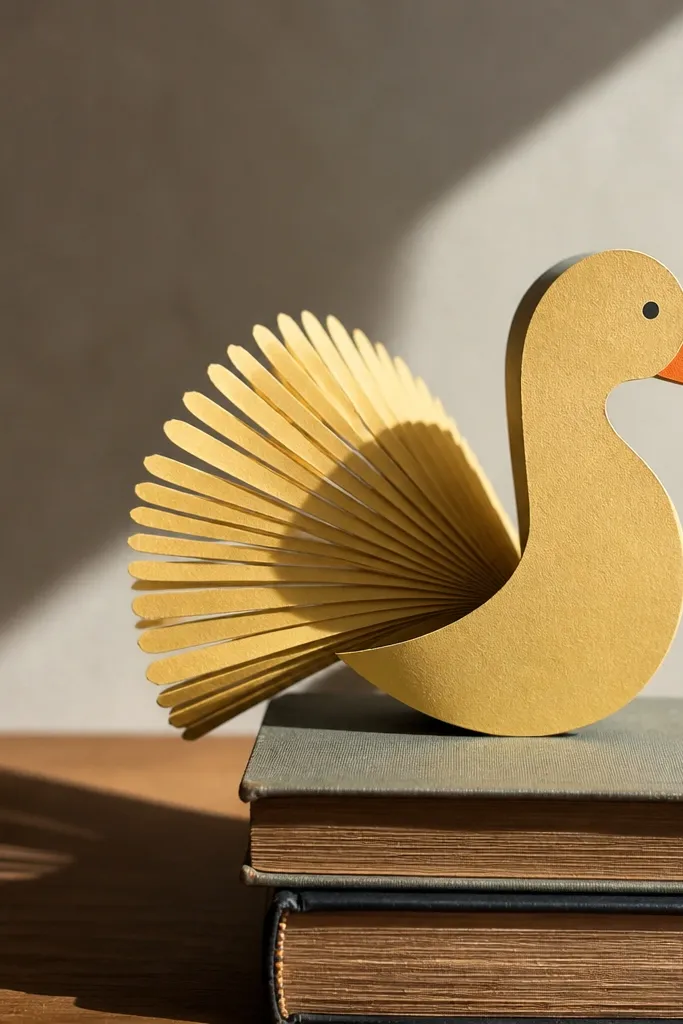 Side-view paper duck with a fan of feather strips at the back