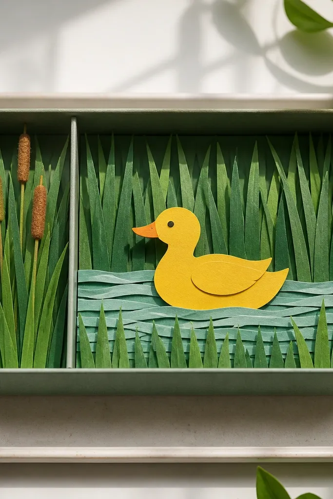 Mini bento-style box with a paper duck standing next to paper grass