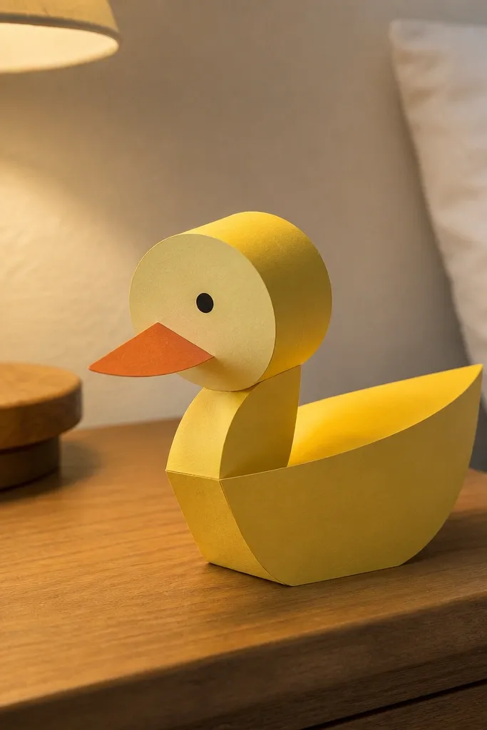 Paper duck with rolled paper neck and head, two-tone yellow and cream