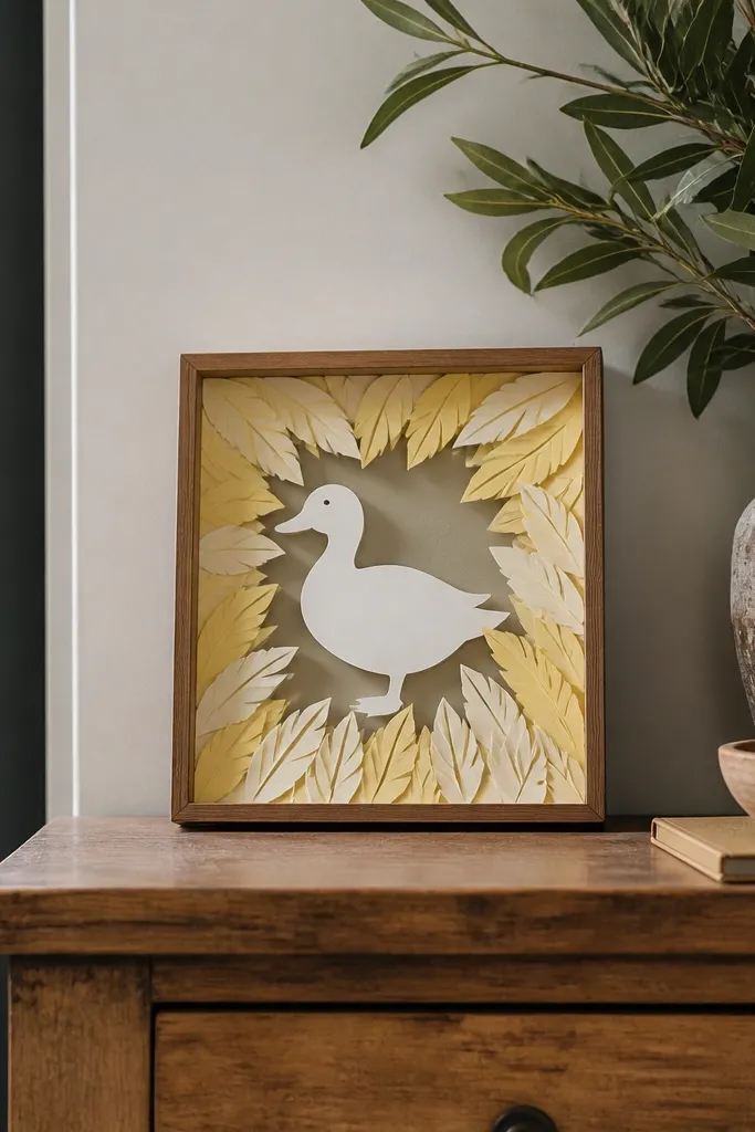 Duck in center with a feather cut-paper border around a card frame