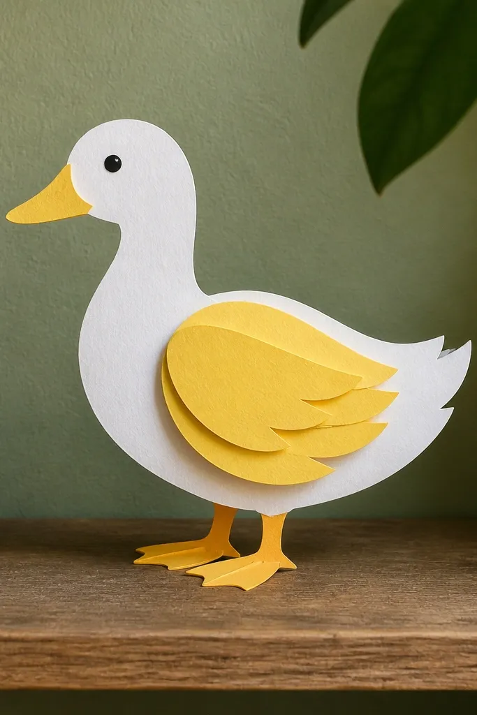 Yellow paper duck with layered wing feathers offset by thin gaps