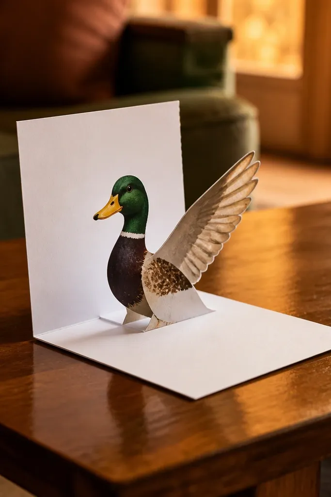 Open greeting card with a duck popping up in the center