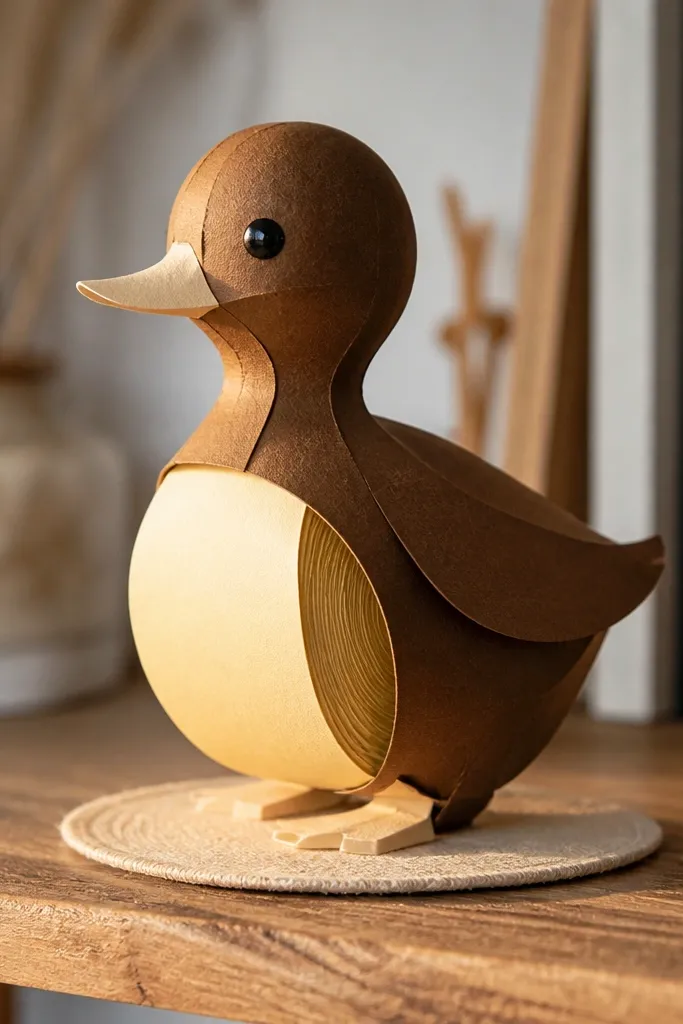 Small standing duck with a rounded belly and warm brown paper