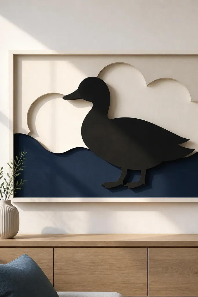 Black and yellow paper duck silhouette wall art with clean cut edges