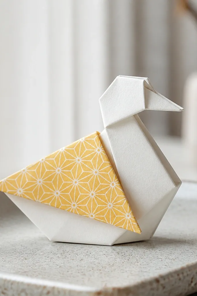 Folded paper duck with patterned wing wrap and sharp crease lines