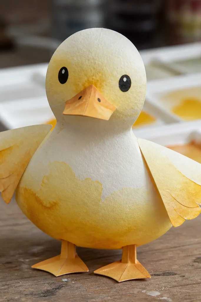 Yellow paper duck with watercolor wash and soft feather edges