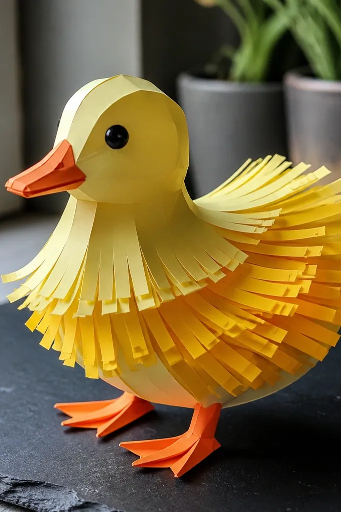 Duck with fan-shaped wing made from fringed paper strips