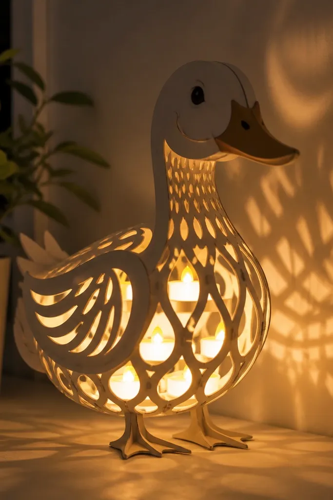 Paper duck lantern with cutout belly shapes glowing from inside