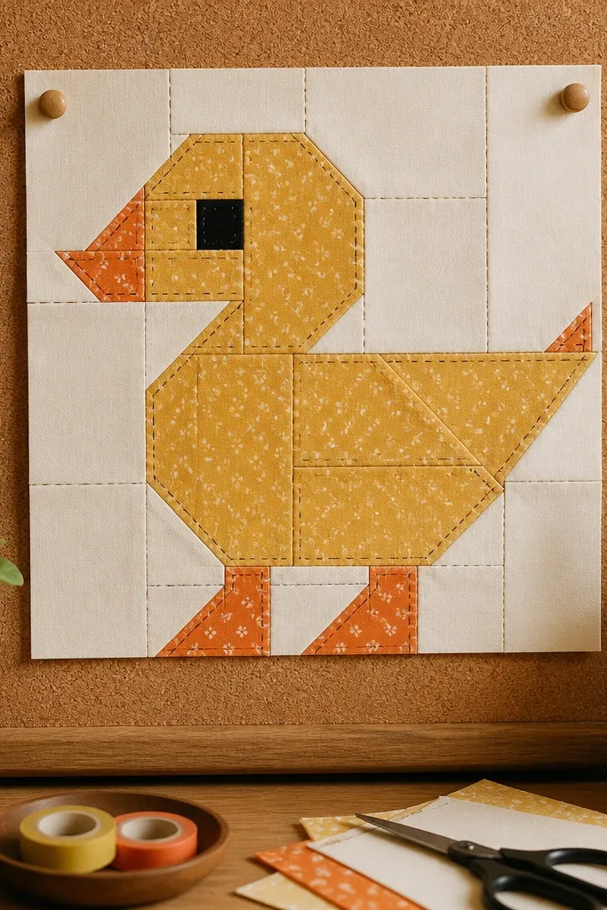 Patchwork duck made from small paper squares with stitched lines