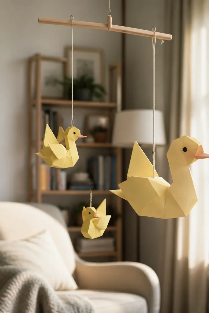 Hanging paper duck mobile with two ducks and angled wings