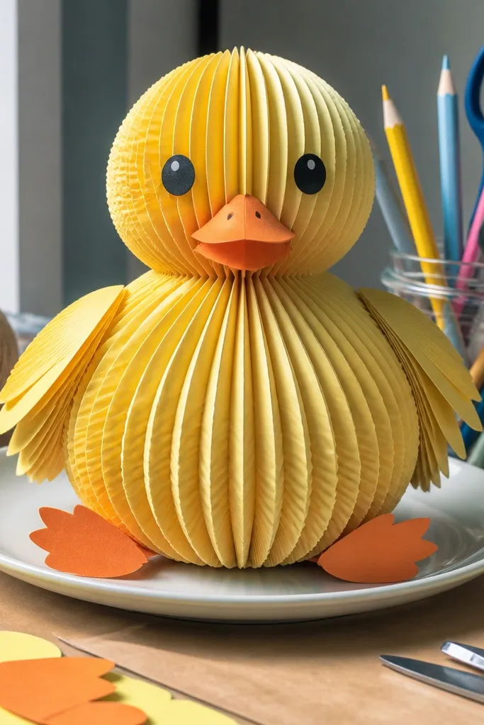 Paper duck with accordion pleats forming the belly and body volume