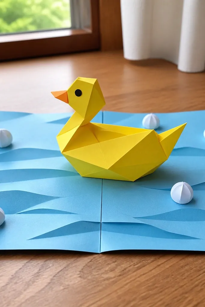 Duck standing on a folded paper water base with ripples