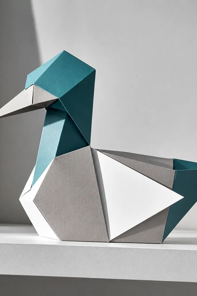 Geometric paper duck with triangular wing panels and sharp angles