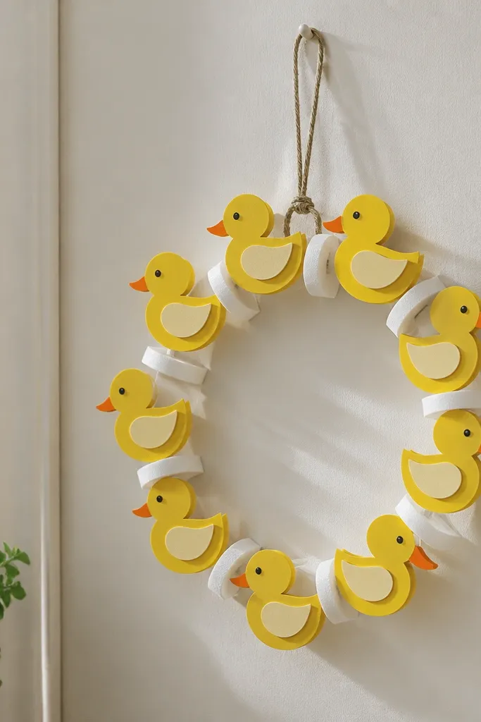 Mini wreath made of paper ducks spaced evenly on a ring base