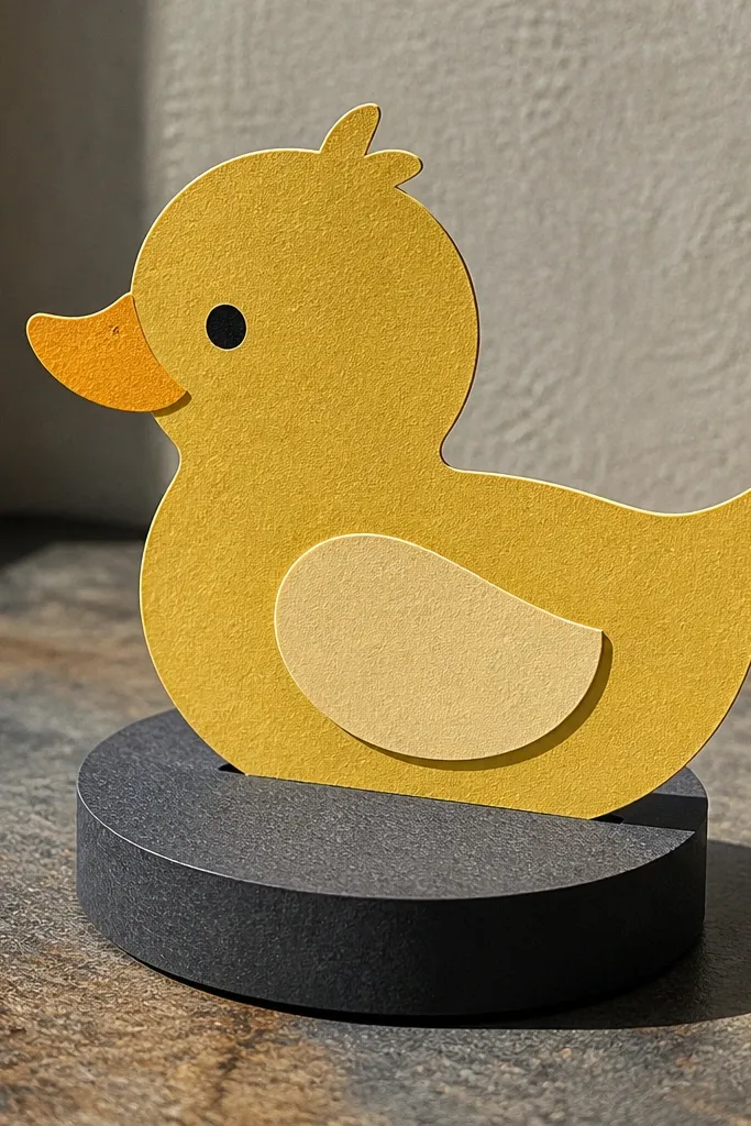Standing paper duck prop on a rounded base with visible shadow gap