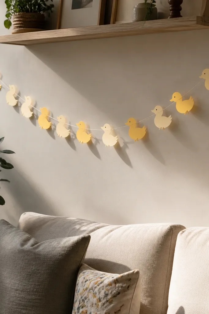 Garland of small paper ducks with feather-tip tails and string spacing