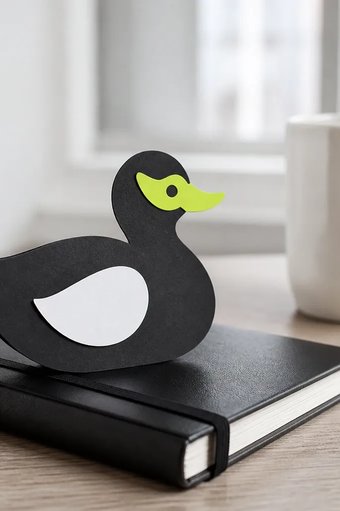 Black and white paper duck with a single neon orange beak accent