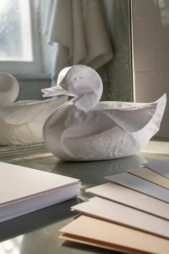 A paper duck made from thin printer paper with curled edges and a wavy body.