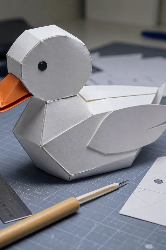 A paper duck with sharp, cracked fold lines and uneven crease dents.