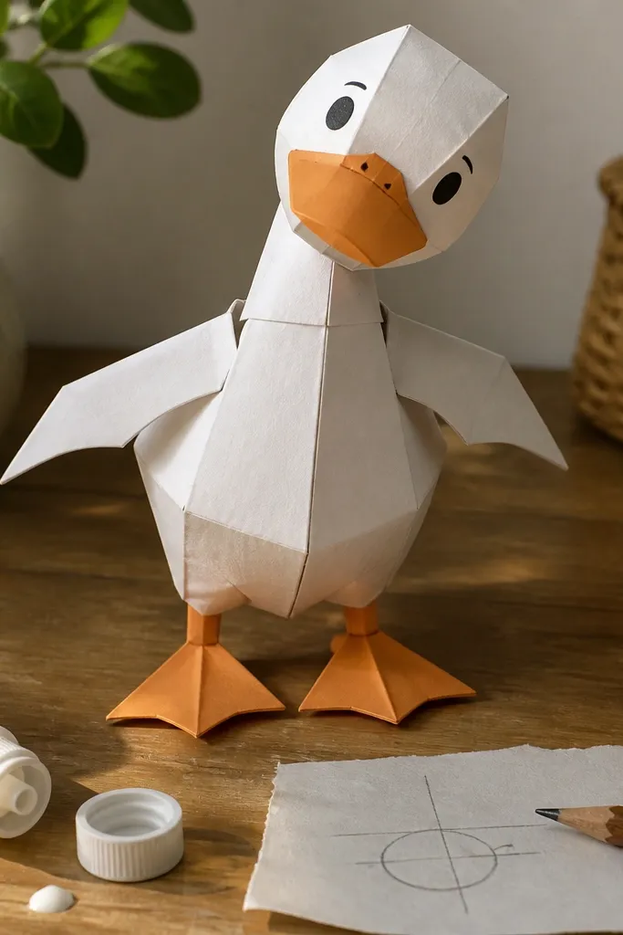 A paper duck with head and wing pieces glued in misaligned positions.