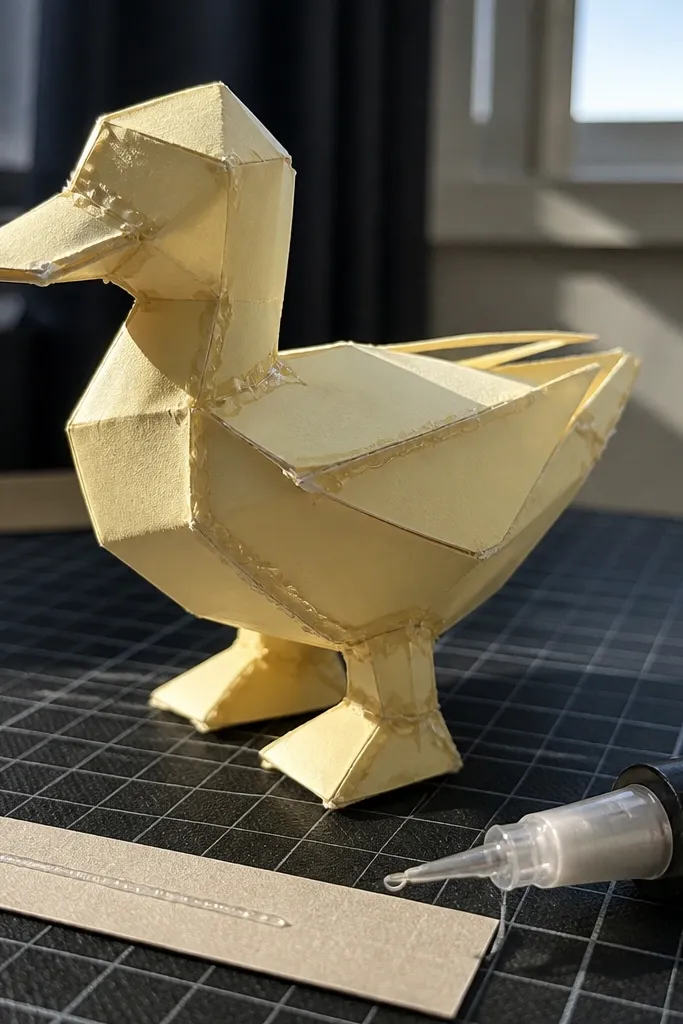 A paper duck with visible glue lumps on the body seams and edges.