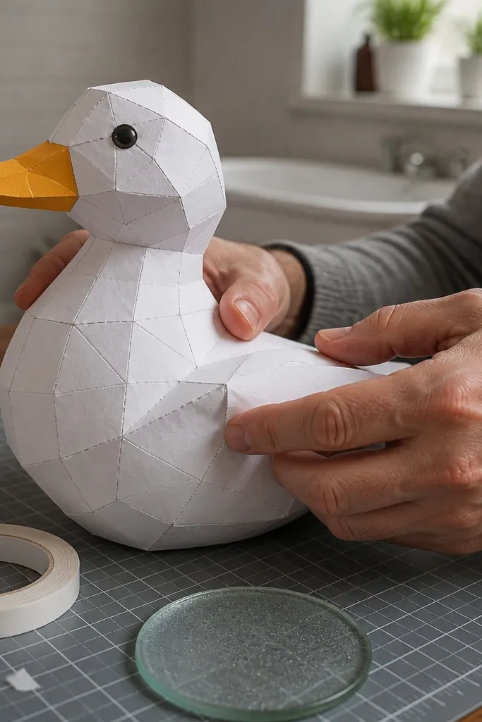 A paper duck with edges lifting where tape was used for seams.