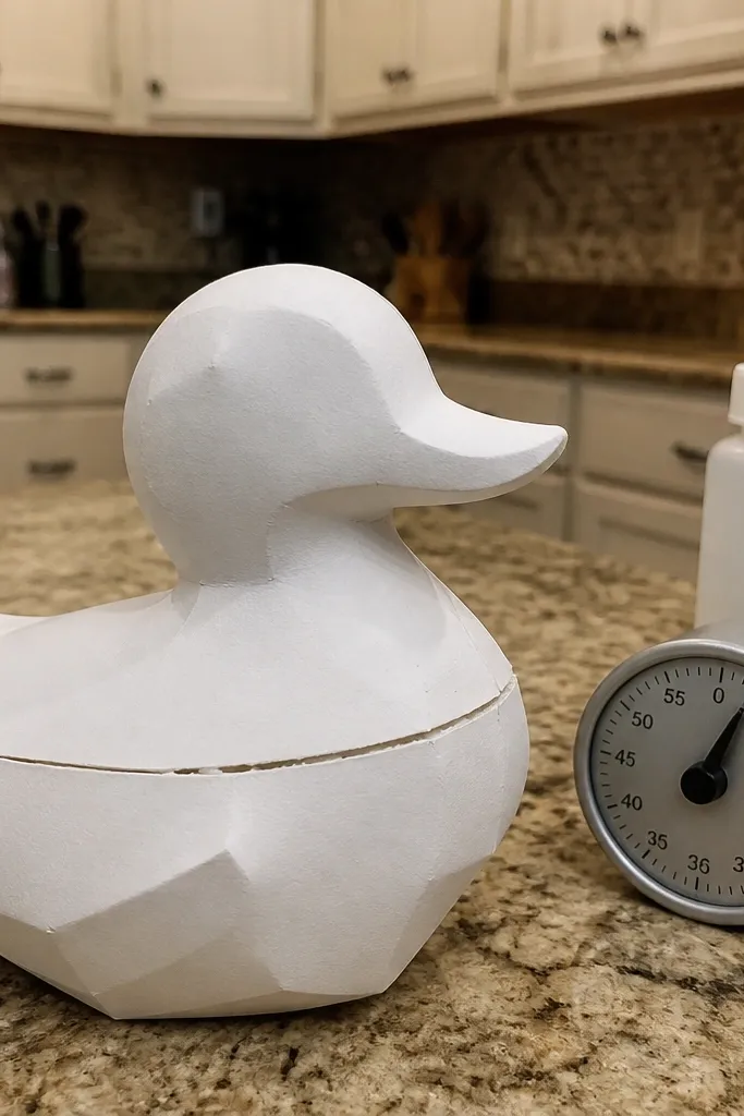 A paper duck with mismatched seams because glue set before parts were aligned.