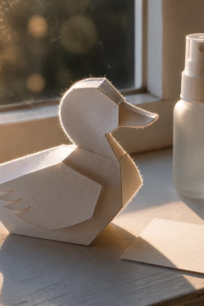 A paper duck with fuzzy, frayed edges and dull color from handling.