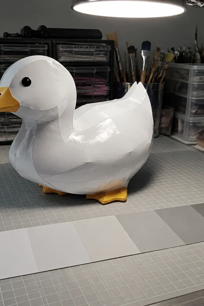A paper duck with shiny, uneven coating and glare on the body.