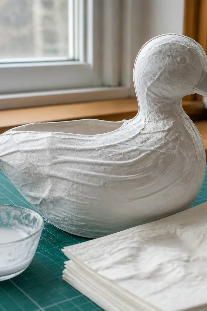 A paper duck whose body has buckled after glue application.