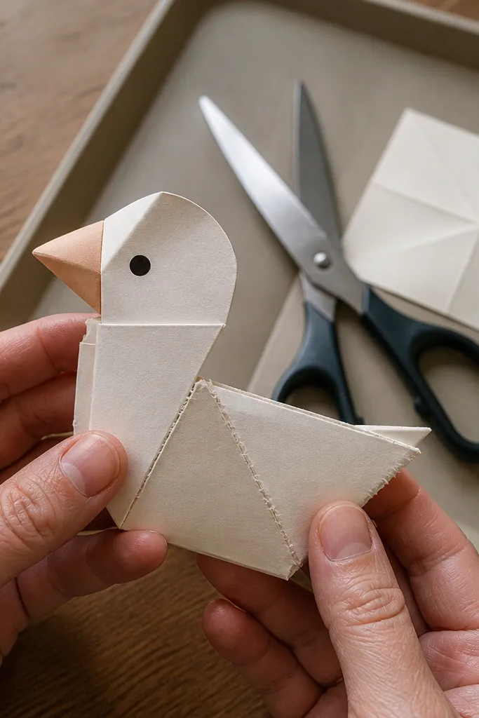 A paper duck with rough edges along fold lines and uneven paper tears.
