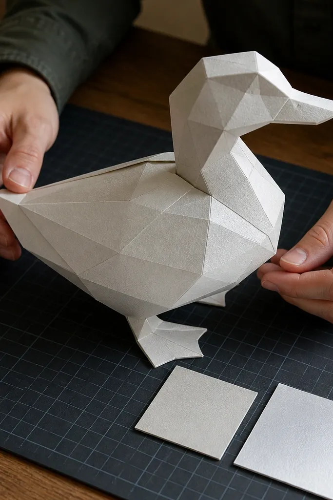 A paper duck with mismatched sheen between body and wing pieces.