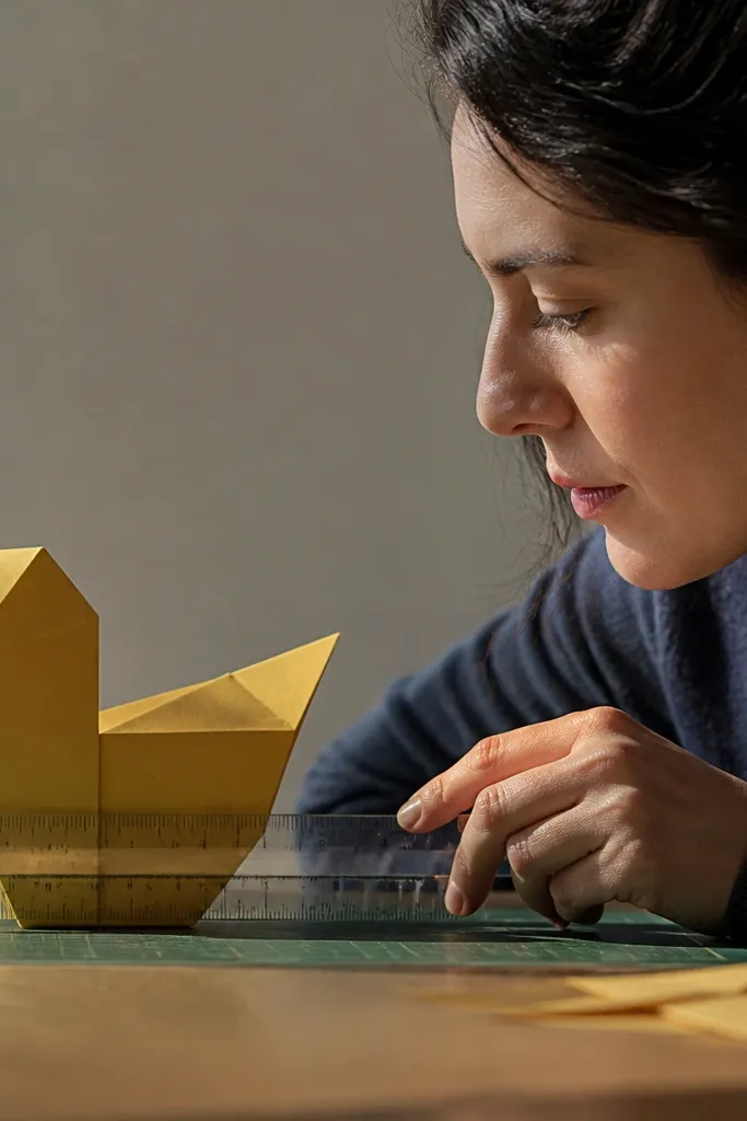 A paper duck with a flat, boxy body seam that gapes.