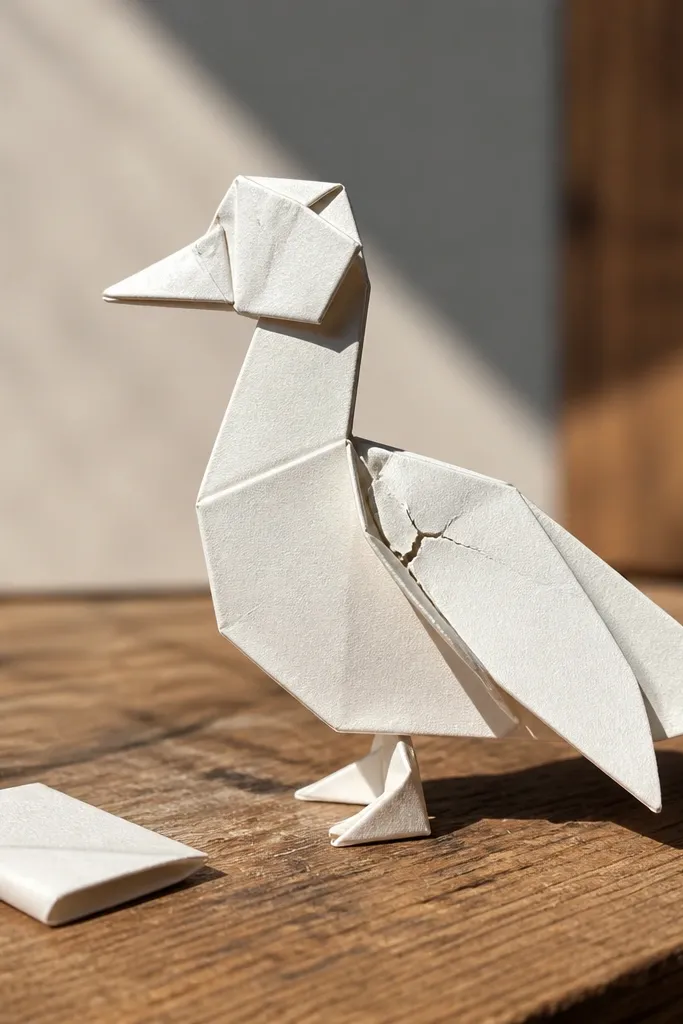 A paper duck with wings glued rigidly that crack at the fold.