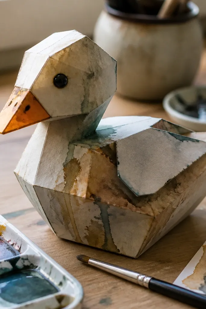 A paper duck with blotchy paint spots and uneven color coverage.