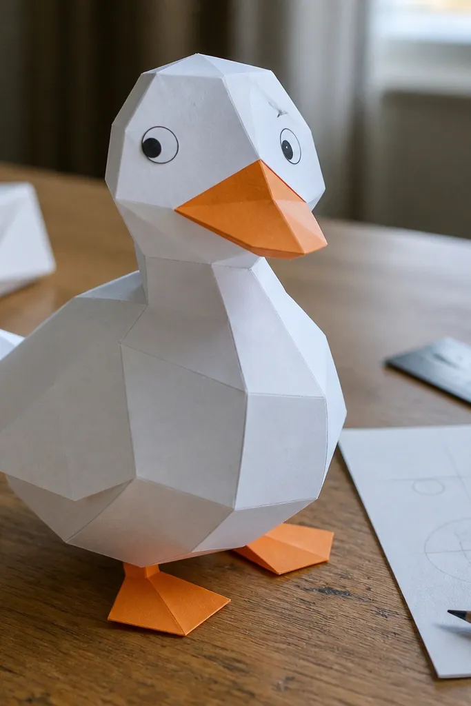A paper duck with eyes placed too high and a beak that looks off-center.