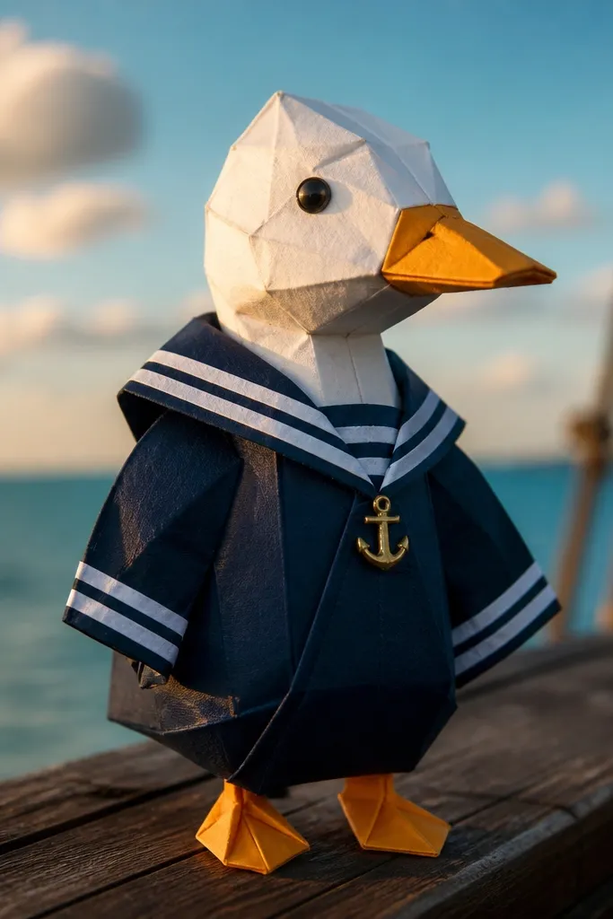 Navy jacket with white stripes and a small anchor badge