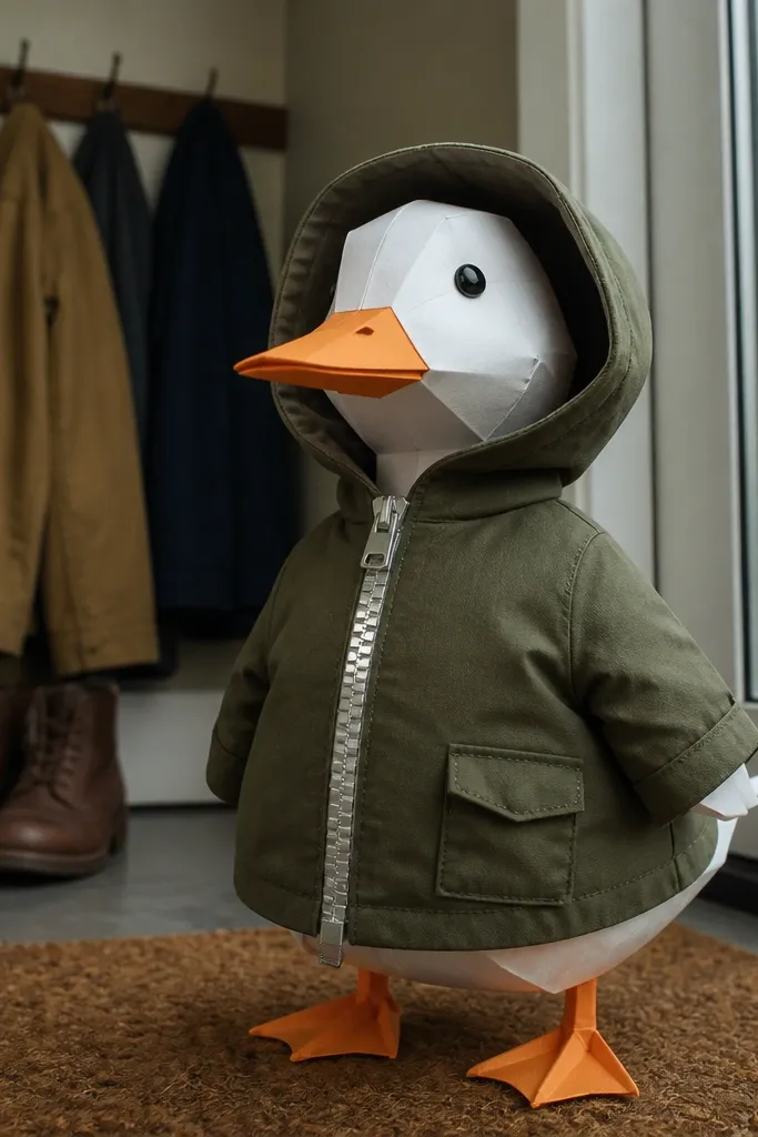 Olive parka with a gold zipper line and hood