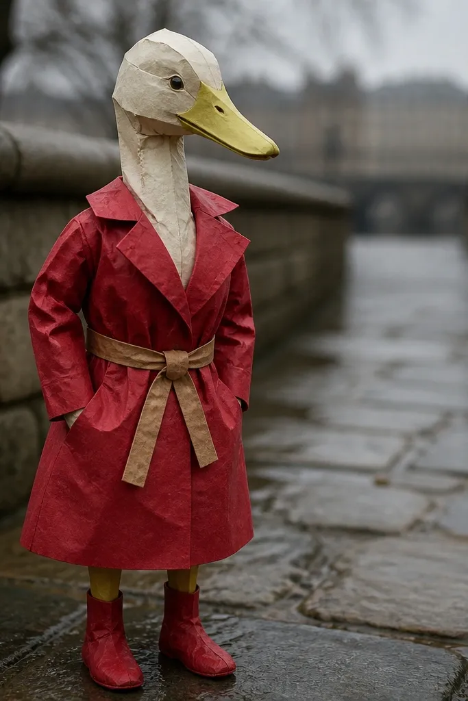Red trench coat with a tan belt and lapel