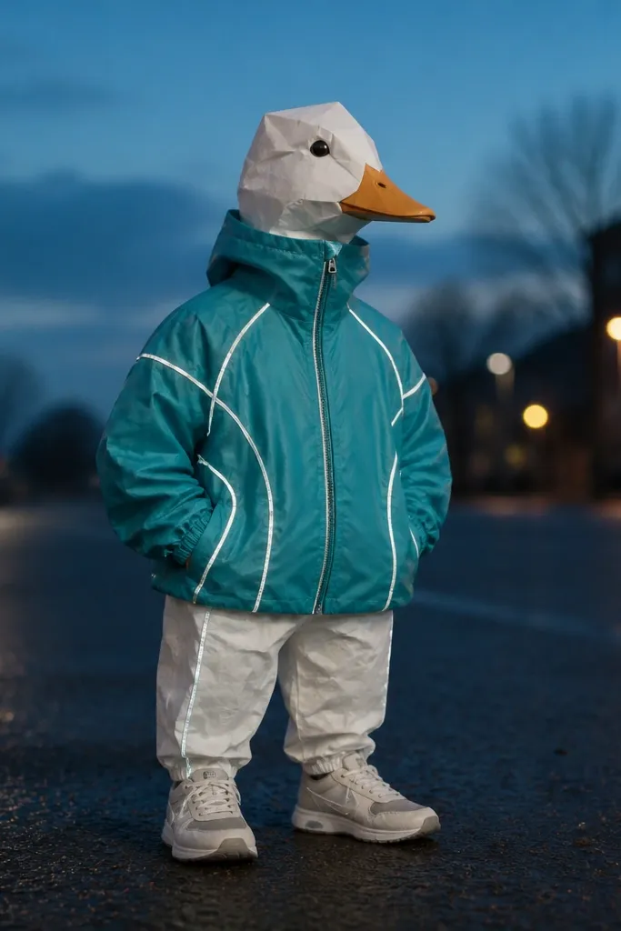 Teal windbreaker with silver reflective stripes and zipped front