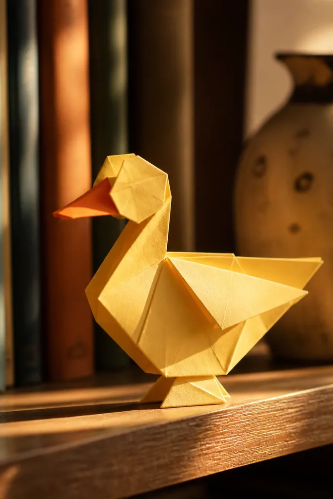 A yellow standing paper duck with folded wings and a small orange beak