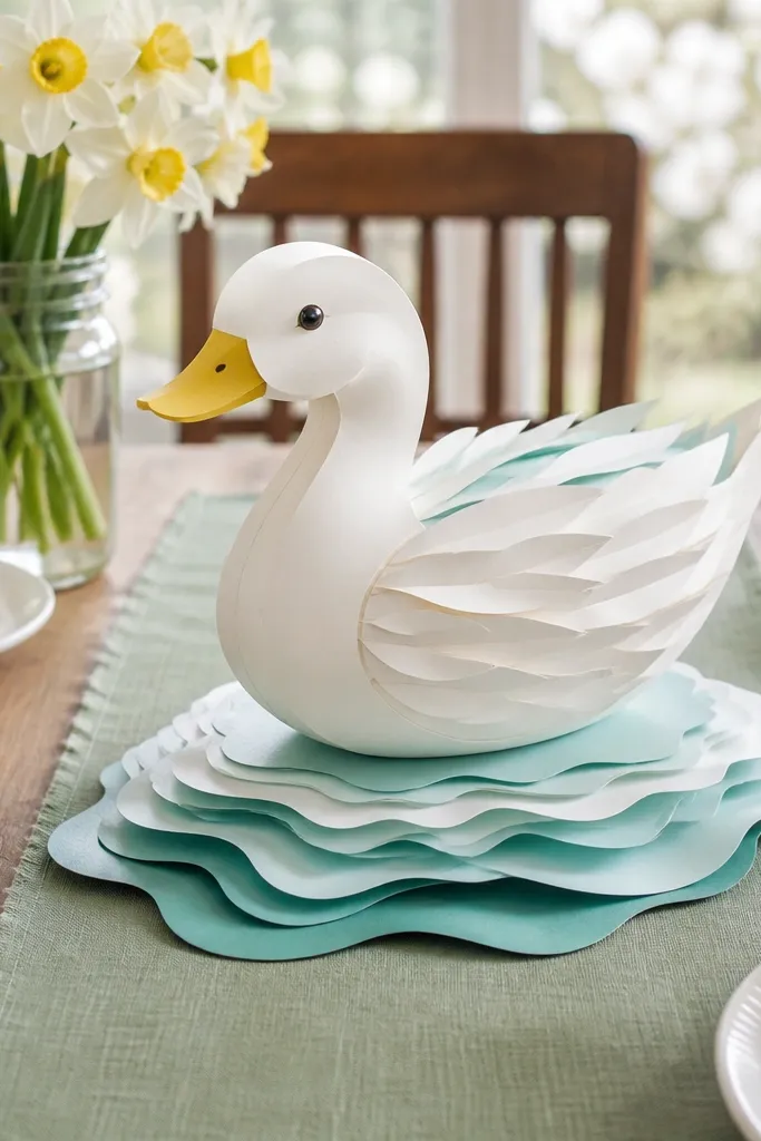 A paper duck sitting on layered wave ripples in light blue paper