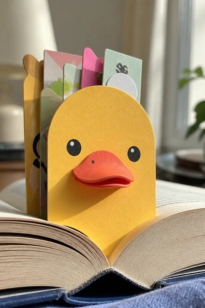A duck face bookmark with a raised beak and rounded paper head