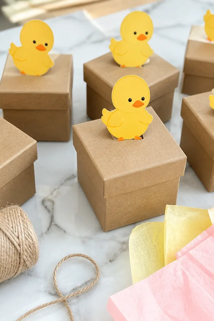 A small duck topper sitting on a white paper favor box lid
