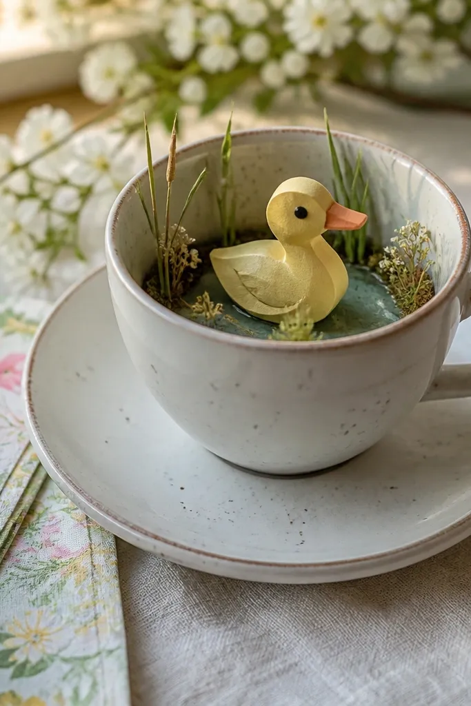 A duck peeking from a paper teacup with saucer base